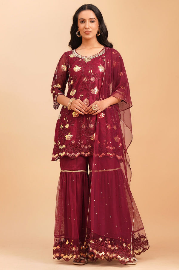 Maroon Embroidered Net Straight Kurta with Sharara and Dupatta Set