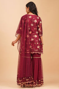 Maroon Embroidered Net Straight Kurta with Sharara and Dupatta Set
