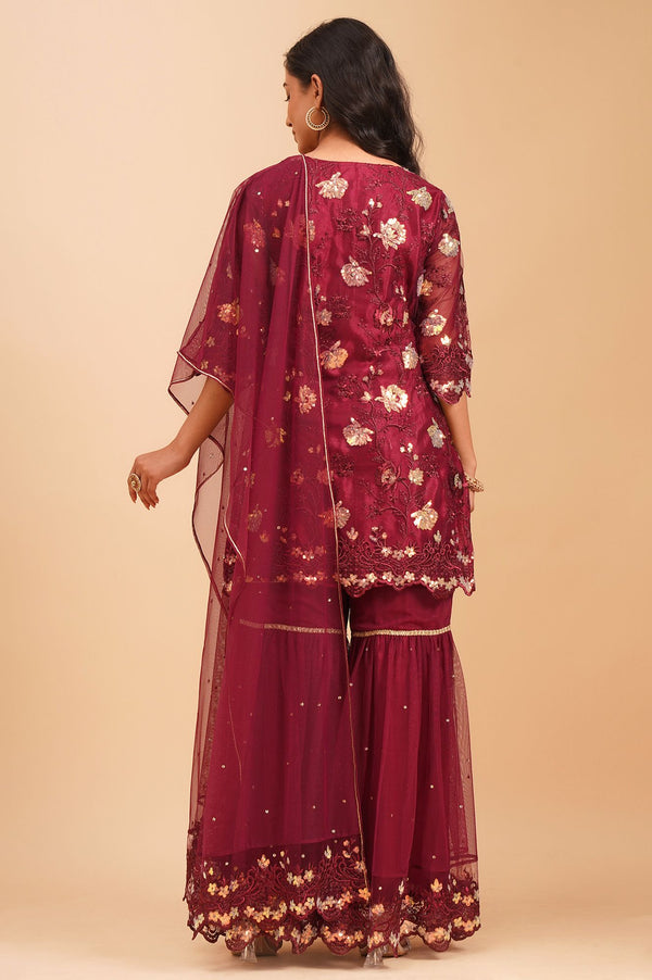 Maroon Embroidered Net Straight Kurta with Sharara and Dupatta Set