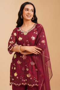 Maroon Embroidered Net Straight Kurta with Sharara and Dupatta Set