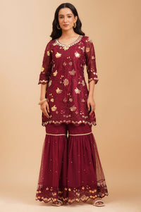 Maroon Embroidered Net Straight Kurta with Sharara and Dupatta Set