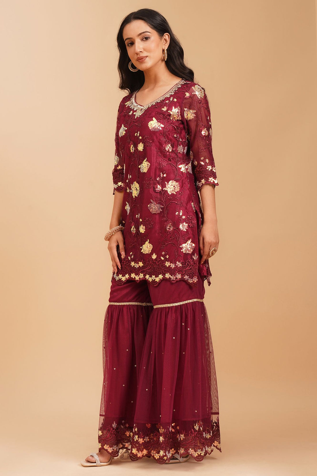Maroon Embroidered Net Straight Kurta with Sharara and Dupatta Set