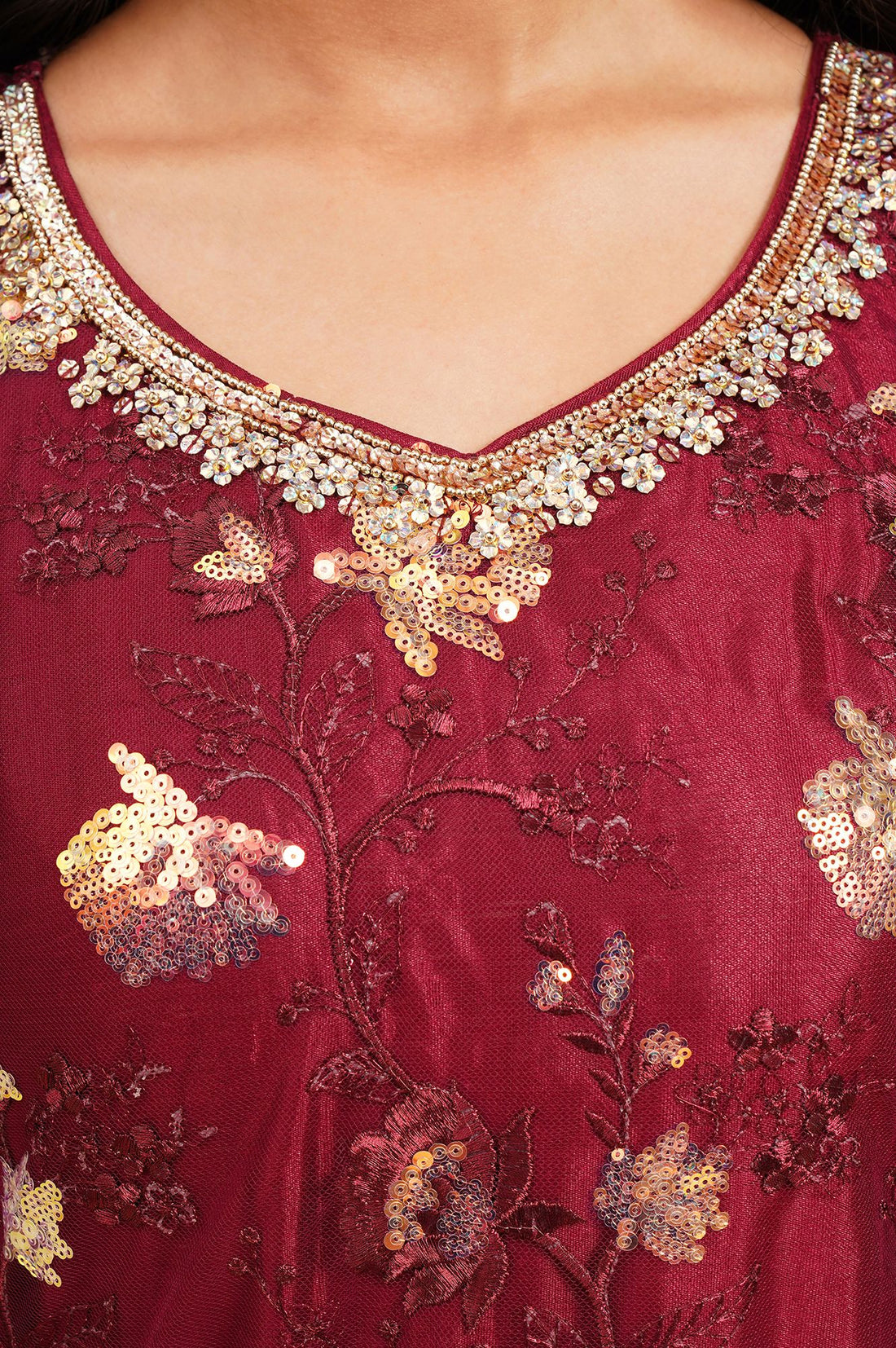 Maroon Embroidered Net Straight Kurta with Sharara and Dupatta Set