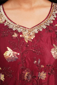 Maroon Embroidered Net Straight Kurta with Sharara and Dupatta Set