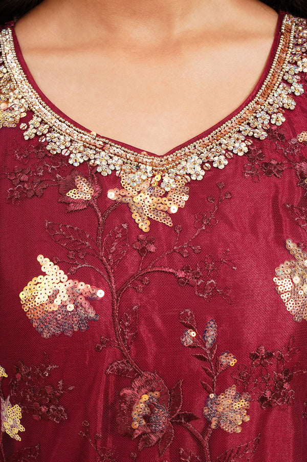 Maroon Embroidered Net Straight Kurta with Sharara and Dupatta Set
