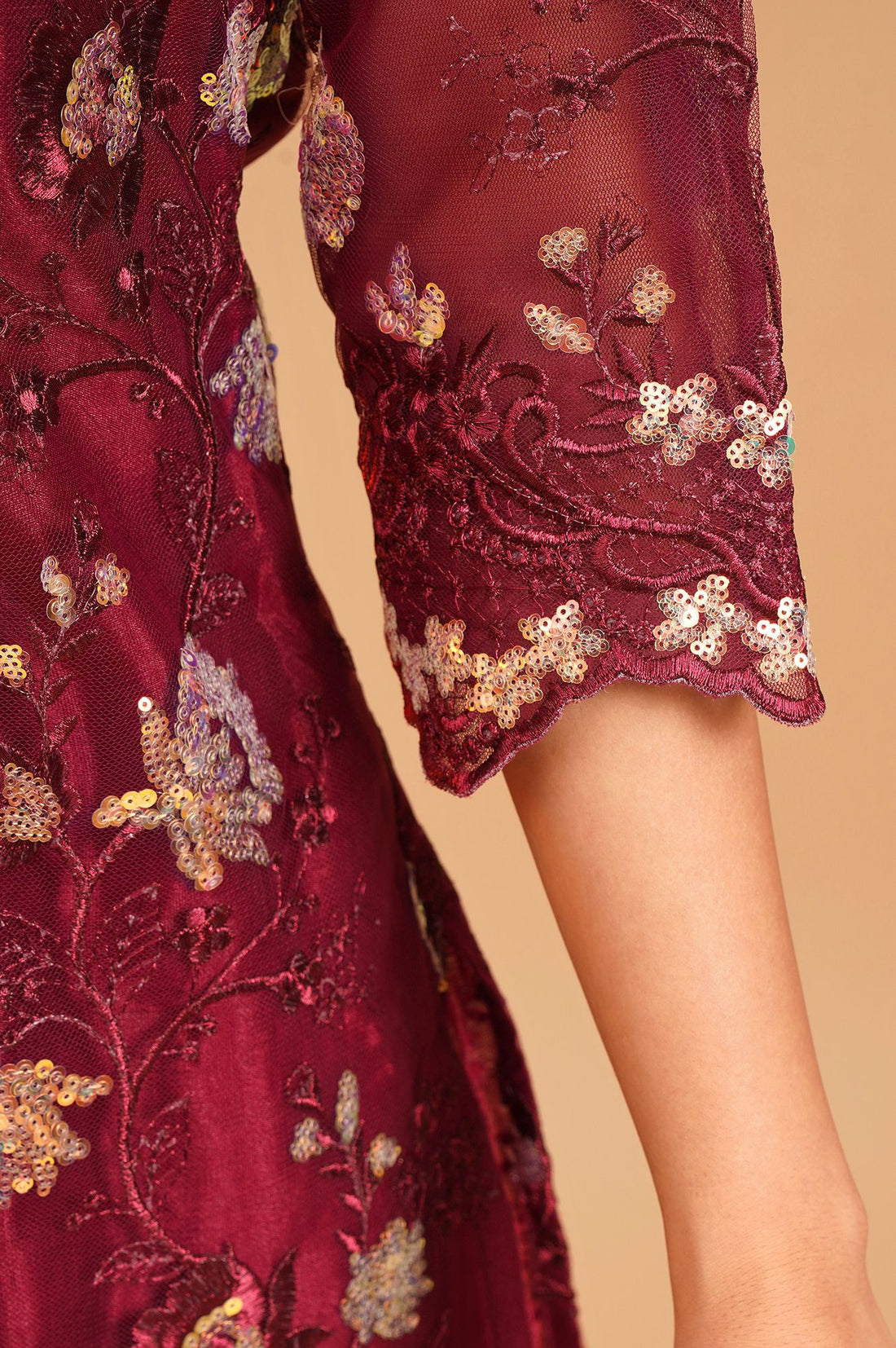 Maroon Embroidered Net Straight Kurta with Sharara and Dupatta Set