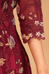 Maroon Embroidered Net Straight Kurta with Sharara and Dupatta Set