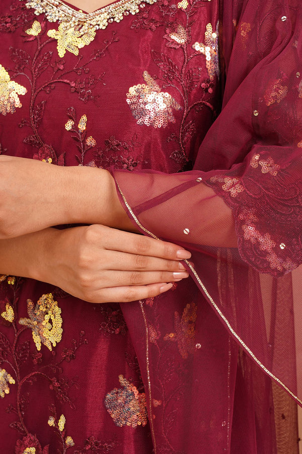 Maroon Embroidered Net Straight Kurta with Sharara and Dupatta Set