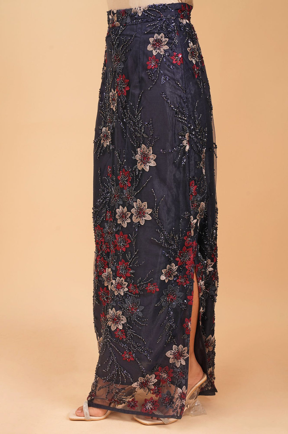 Navy Blue Sequins Net Sleeveless Flared Kurta with Skirt and Stole Set