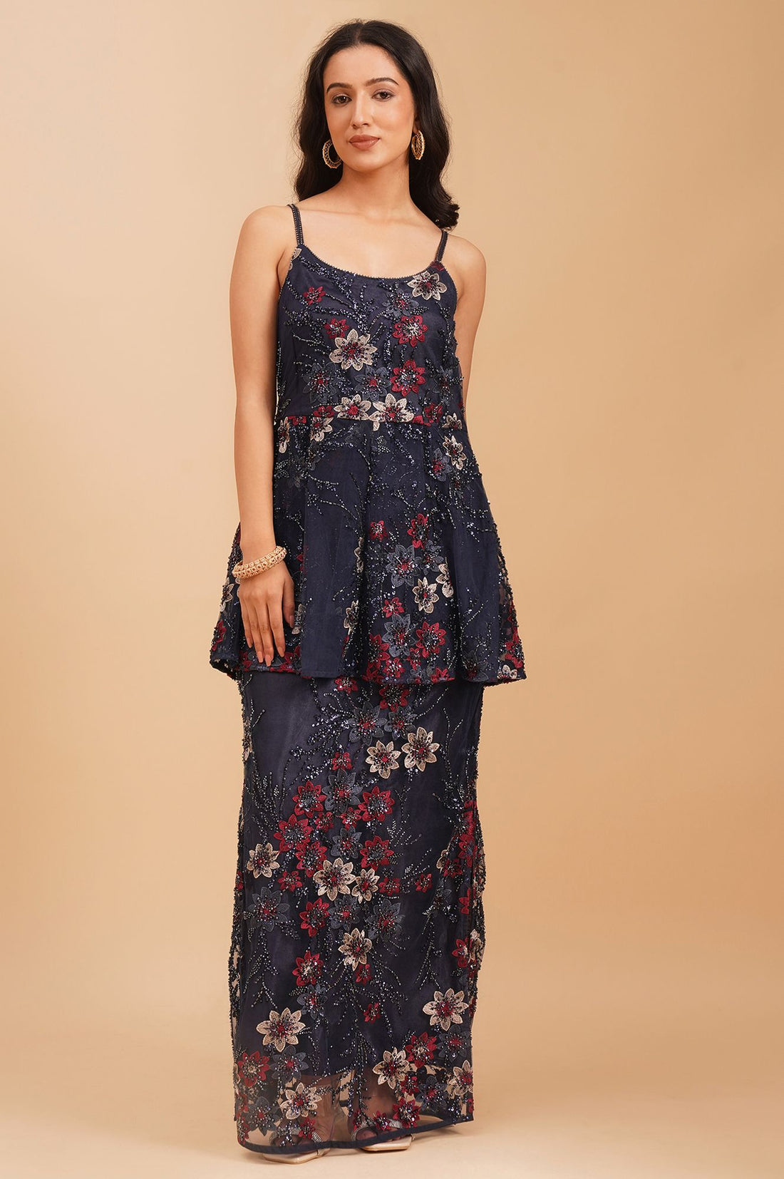 Navy Blue Sequins Net Sleeveless Flared Kurta with Skirt and Stole Set