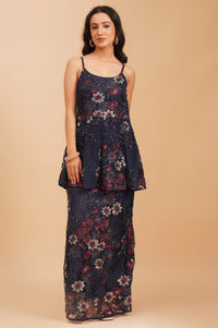 Navy Blue Sequins Net Sleeveless Flared Kurta with Skirt and Stole Set