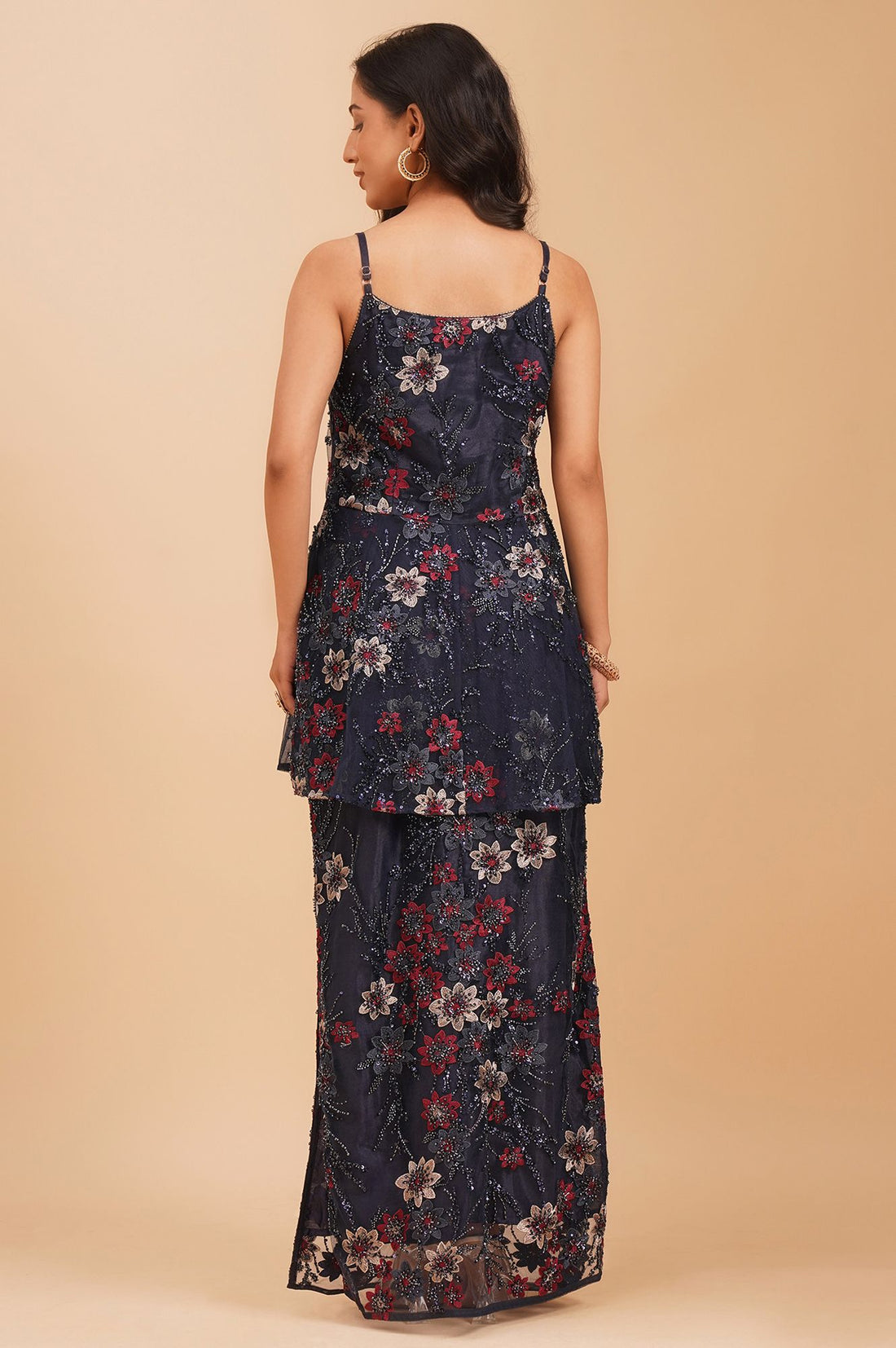 Navy Blue Sequins Net Sleeveless Flared Kurta with Skirt and Stole Set