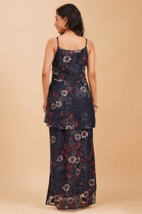 Navy Blue Sequins Net Sleeveless Flared Kurta with Skirt and Stole Set