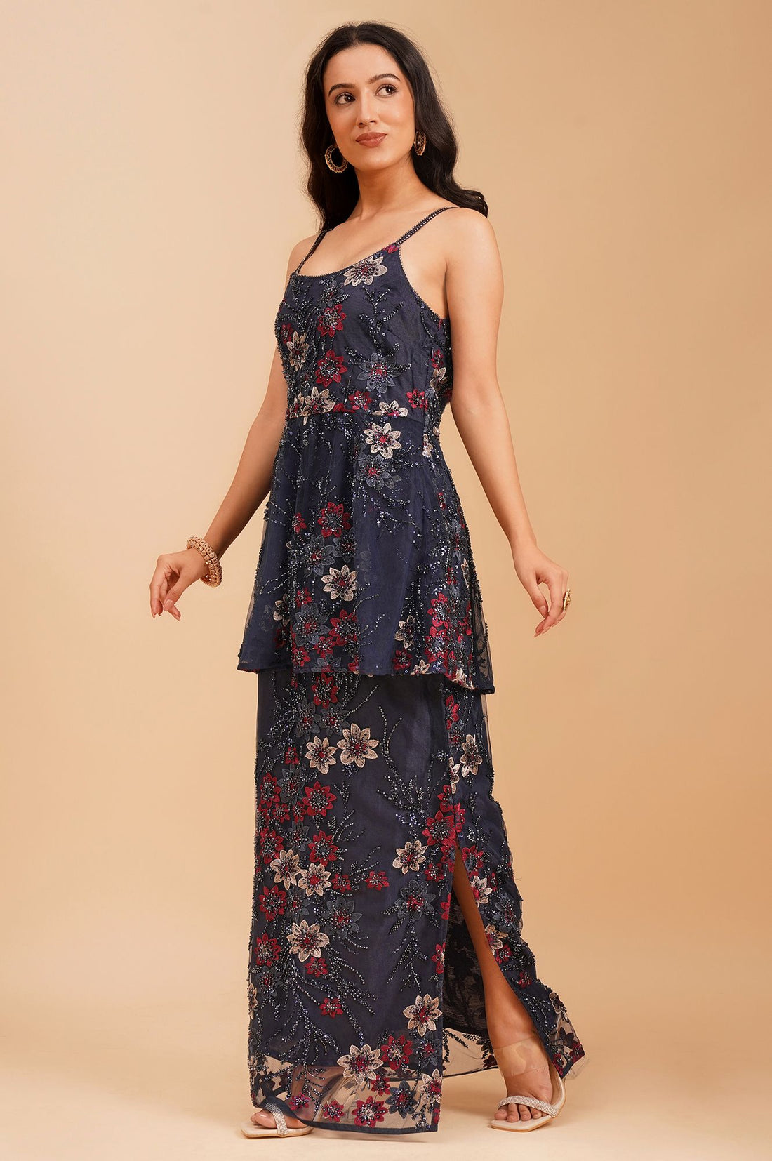 Navy Blue Sequins Net Sleeveless Flared Kurta with Skirt and Stole Set
