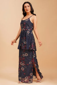 Navy Blue Sequins Net Sleeveless Flared Kurta with Skirt and Stole Set