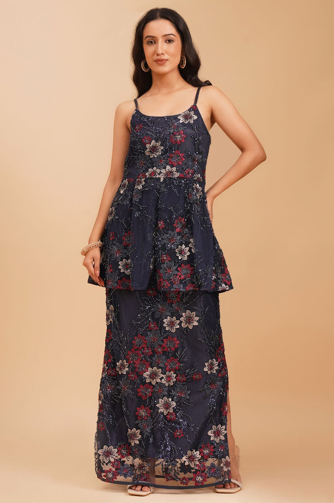 Navy Blue Sequins Net Sleeveless Flared Kurta with Skirt and Stole Set
