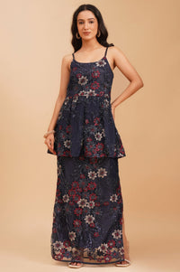 Navy Blue Sequins Net Sleeveless Flared Kurta with Skirt and Stole Set