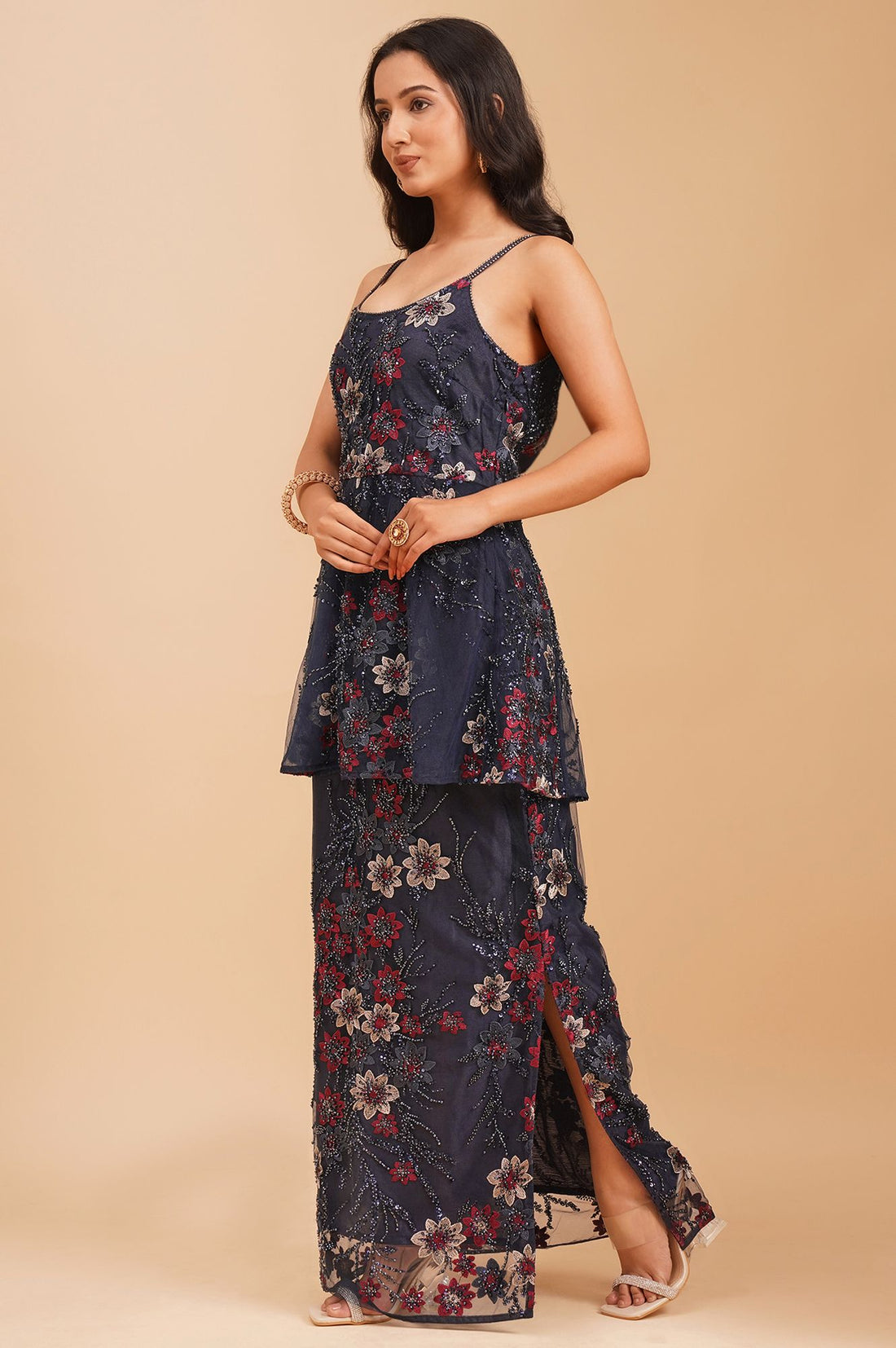 Navy Blue Sequins Net Sleeveless Flared Kurta with Skirt and Stole Set