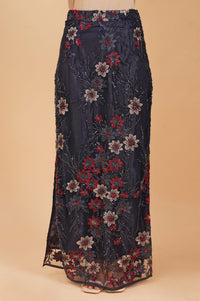 Navy Blue Sequins Net Sleeveless Flared Kurta with Skirt and Stole Set