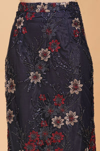 Navy Blue Sequins Net Sleeveless Flared Kurta with Skirt and Stole Set