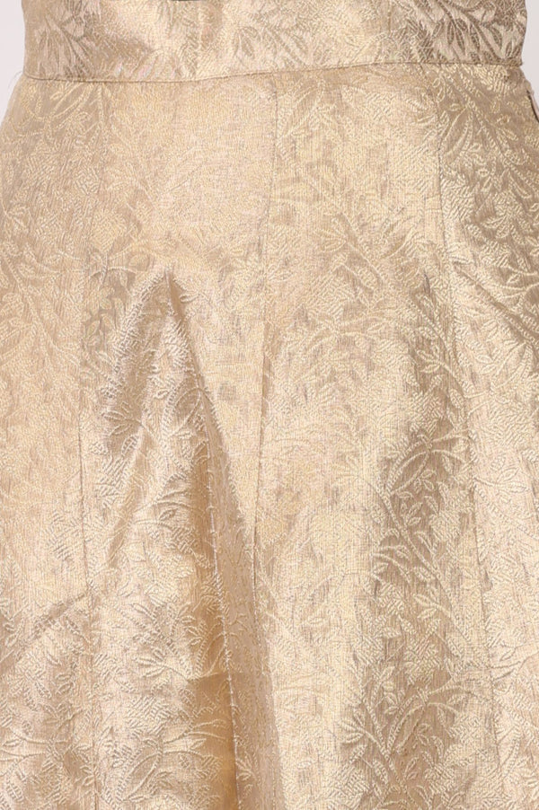 Gold Thread Embroidered Jacquard Sleeveless Straight Crop Top with Skirt and Jacket Set
