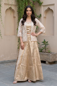 Gold Thread Embroidered Jacquard Sleeveless Straight Crop Top with Skirt and Jacket Set