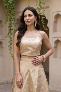 Gold Thread Embroidered Jacquard Sleeveless Straight Crop Top with Skirt and Jacket Set