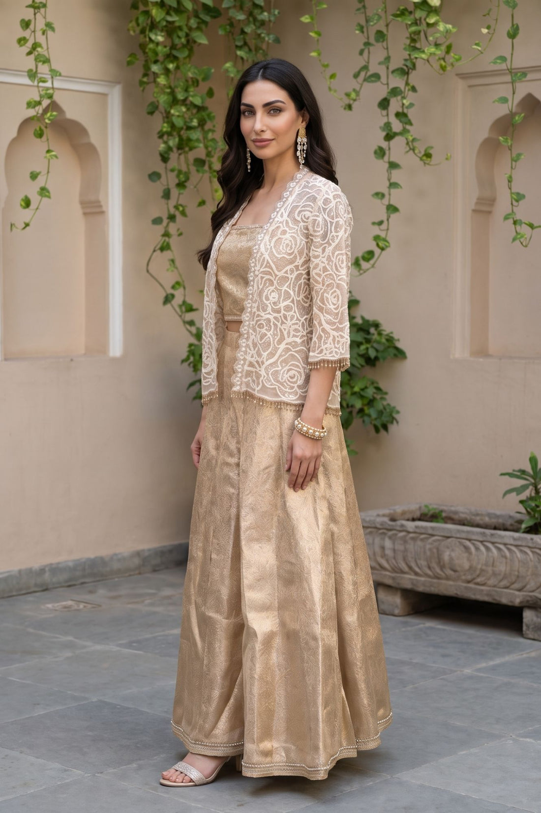 Gold Thread Embroidered Jacquard Sleeveless Straight Crop Top with Skirt and Jacket Set