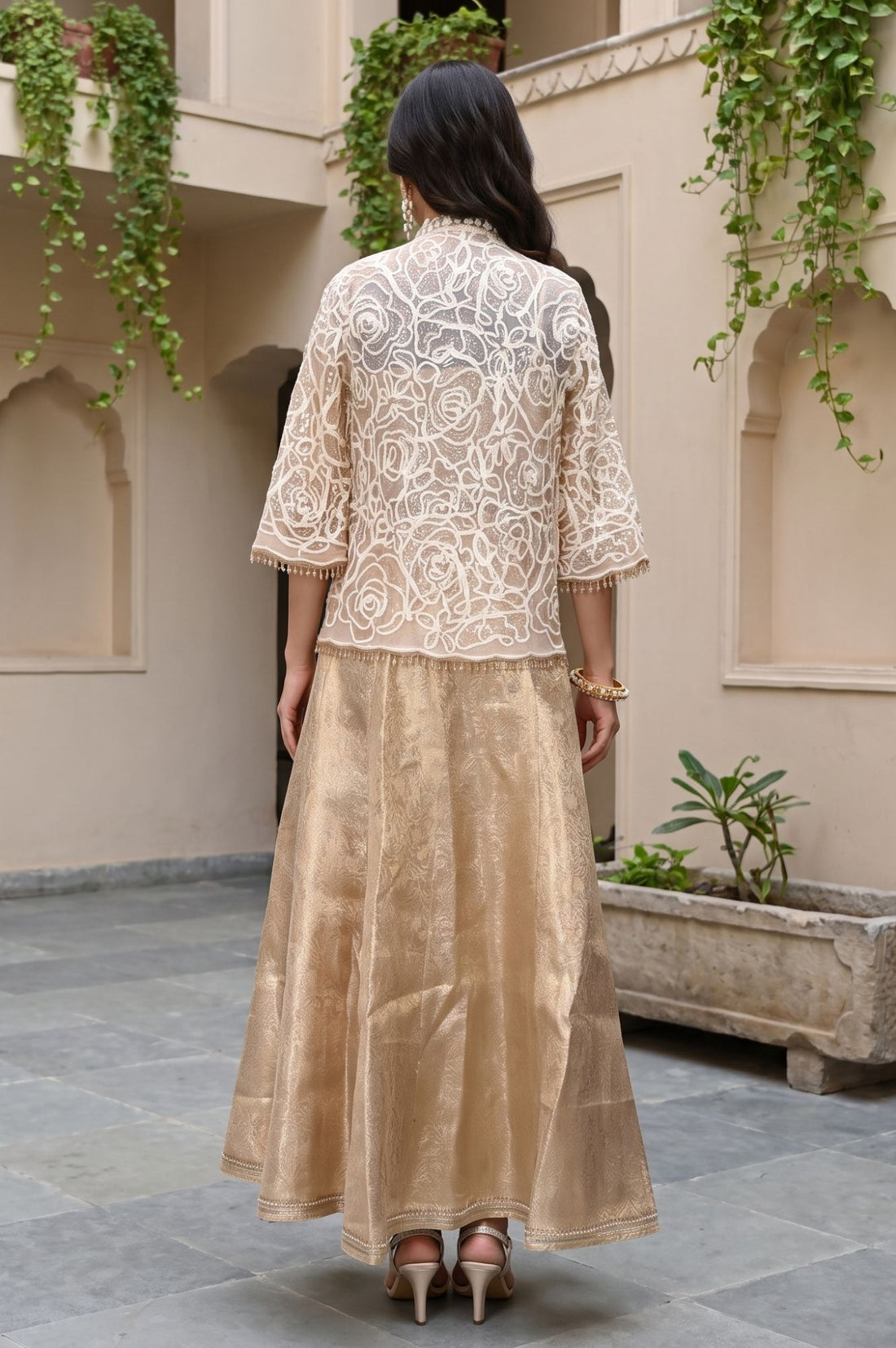 Gold Thread Embroidered Jacquard Sleeveless Straight Crop Top with Skirt and Jacket Set