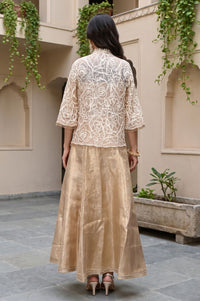 Gold Thread Embroidered Jacquard Sleeveless Straight Crop Top with Skirt and Jacket Set