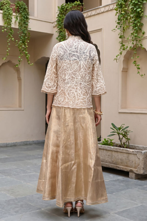 Gold Thread Embroidered Jacquard Sleeveless Straight Crop Top with Skirt and Jacket Set