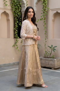 Gold Thread Embroidered Jacquard Sleeveless Straight Crop Top with Skirt and Jacket Set