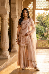 Beige Sequins Straight Kurta with Sharara and Dupatta Set