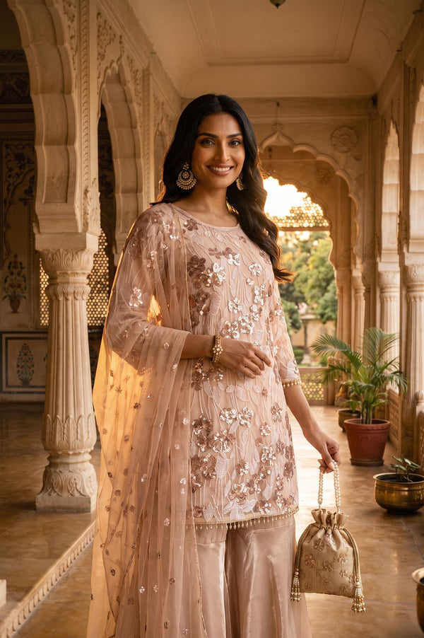 Beige Sequins Straight Kurta with Sharara and Dupatta Set