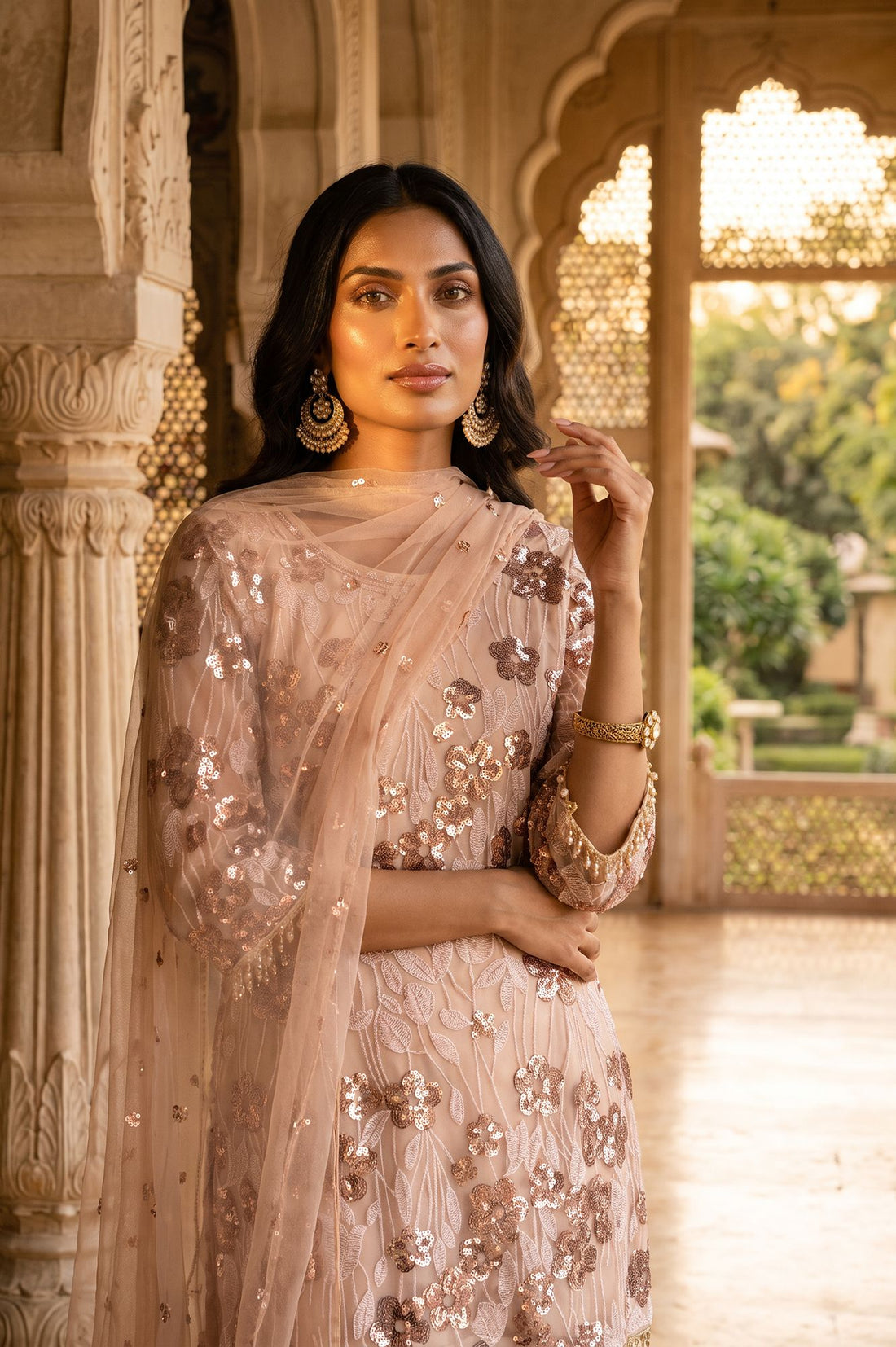 Beige Sequins Straight Kurta with Sharara and Dupatta Set