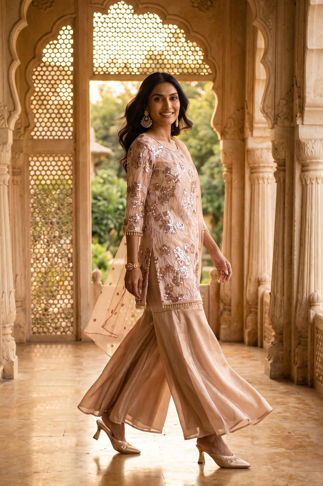 Beige Sequins Straight Kurta with Sharara and Dupatta Set