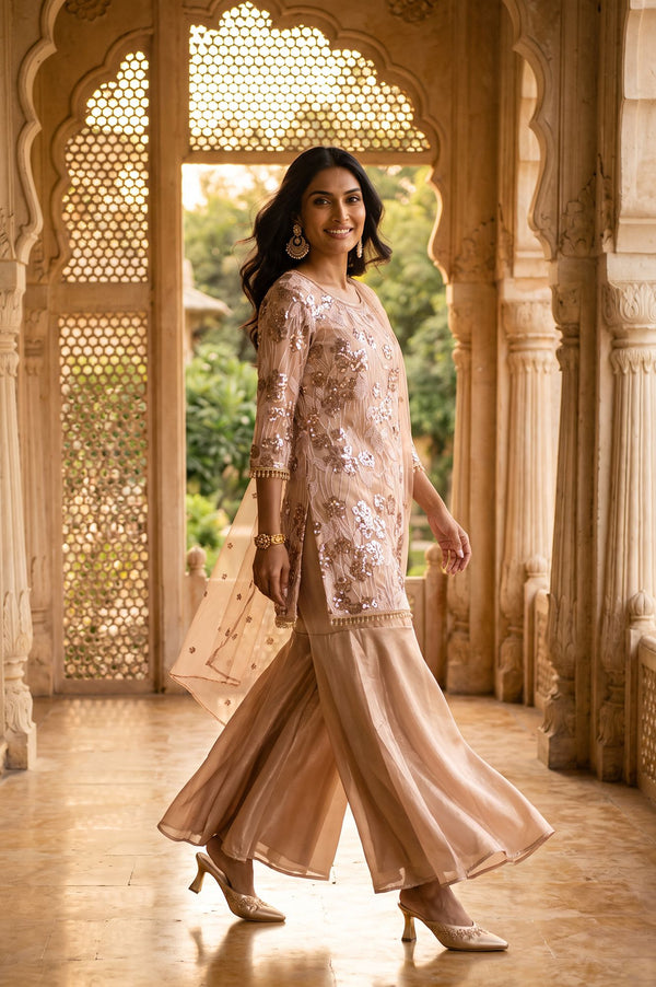 Beige Sequins Straight Kurta with Sharara and Dupatta Set