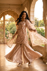 Beige Sequins Straight Kurta with Sharara and Dupatta Set