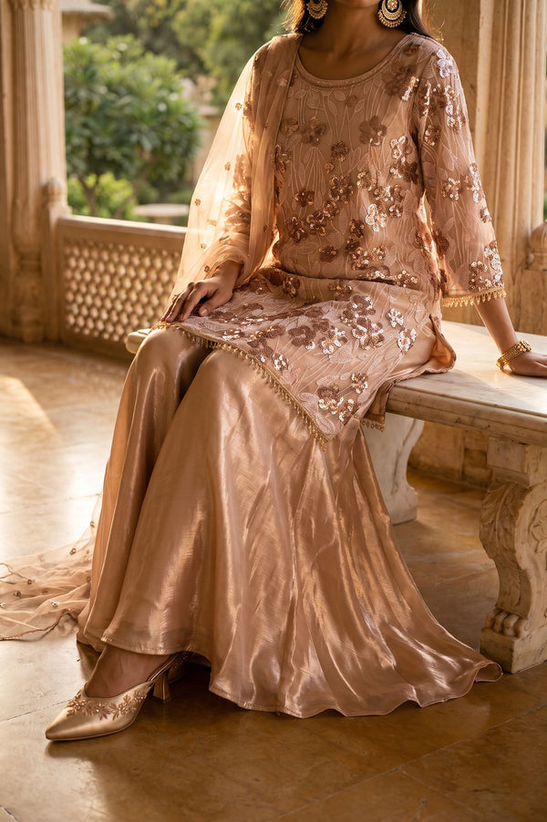 Beige Sequins Straight Kurta with Sharara and Dupatta Set