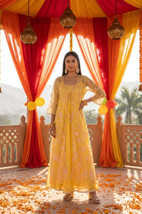 Yellow Chinon Embellished Flared Dress &amp; Jacket