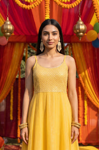 Yellow Chinon Embellished Flared Dress &amp; Jacket