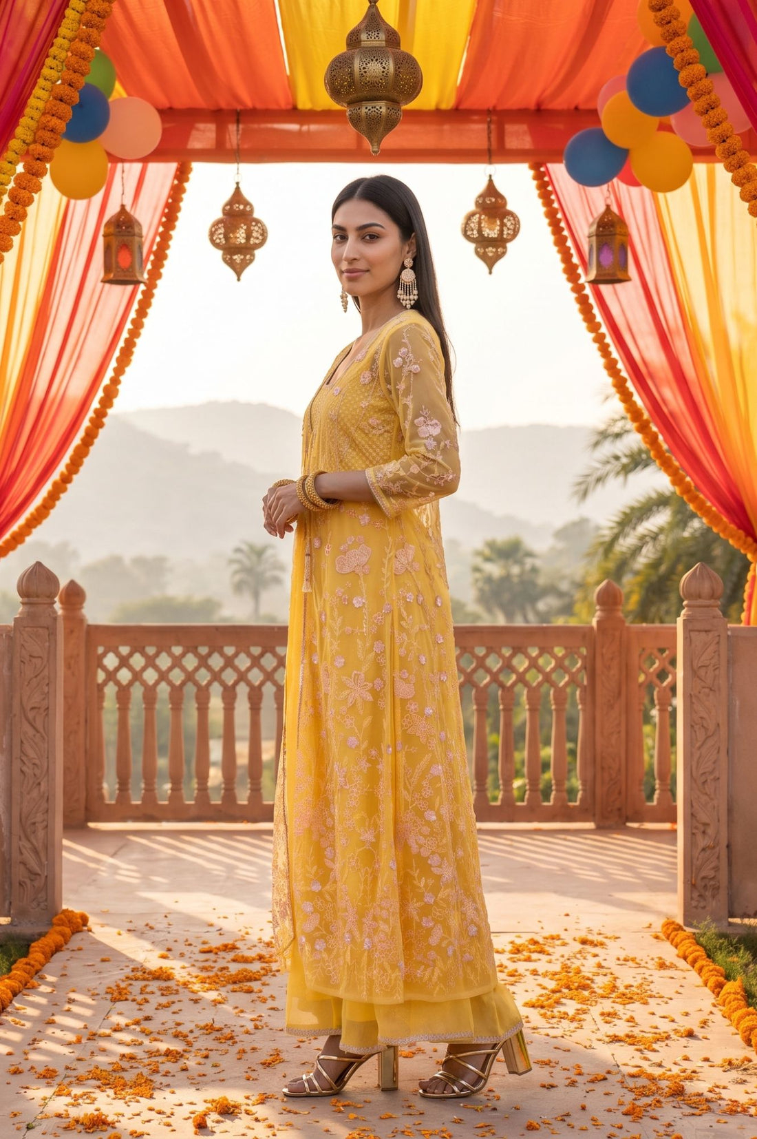 Yellow Chinon Embellished Flared Dress &amp; Jacket