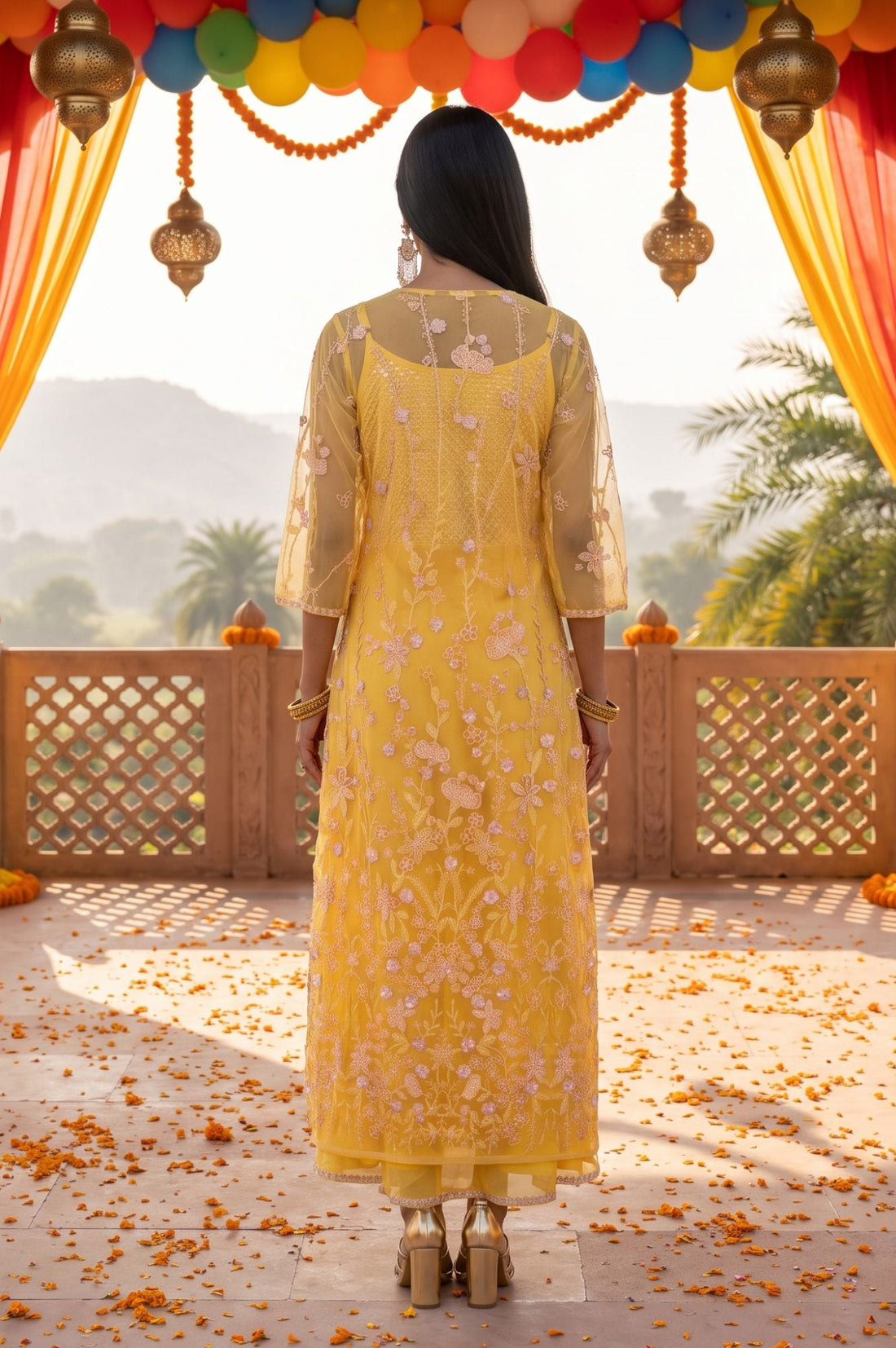 Yellow Chinon Embellished Flared Dress &amp; Jacket