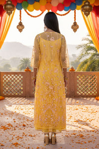 Yellow Chinon Embellished Flared Dress &amp; Jacket