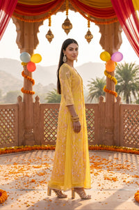 Yellow Chinon Embellished Flared Dress &amp; Jacket