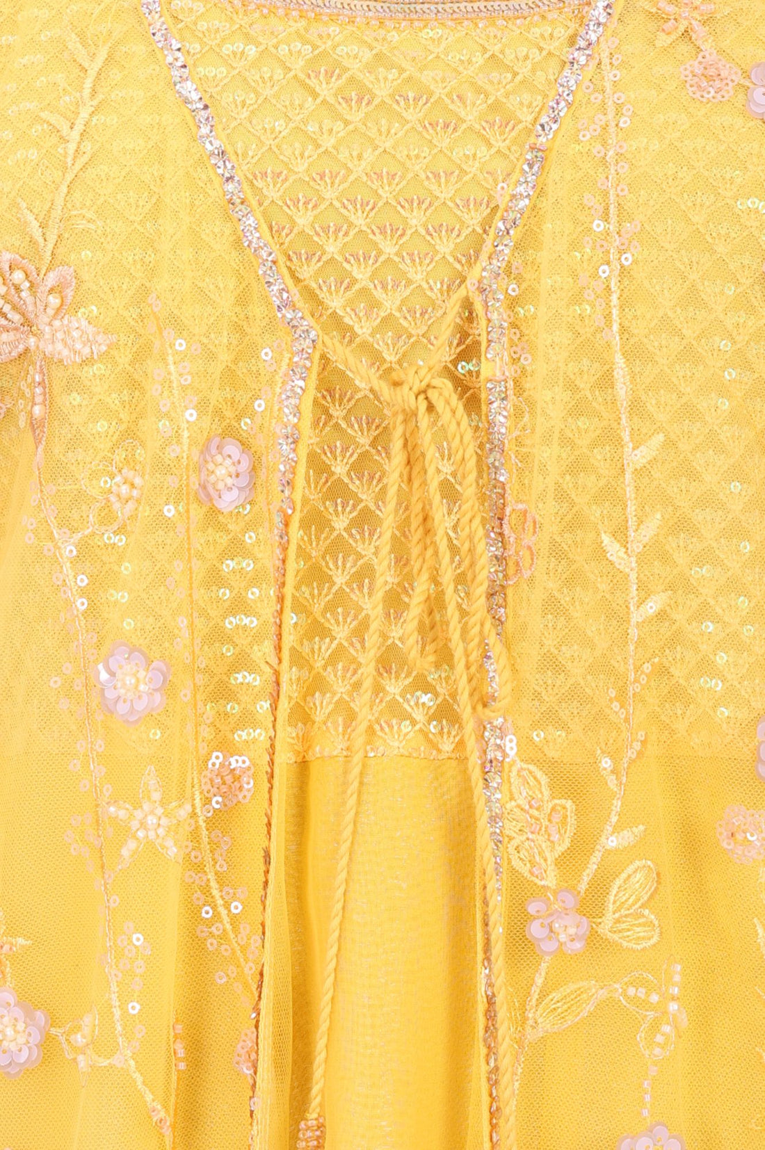 Yellow Chinon Embellished Flared Dress &amp; Jacket