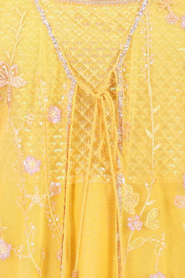 Yellow Chinon Embellished Flared Dress & Jacket