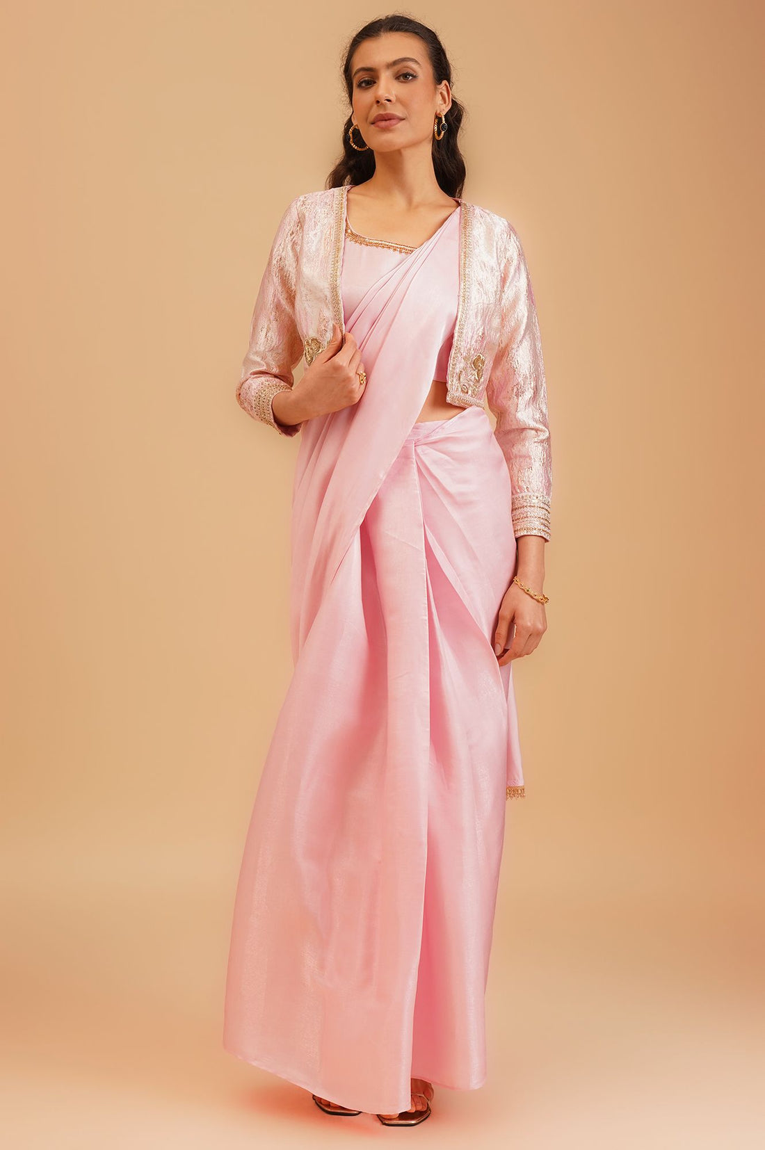 Pink Zari Embroidered Crepe Satin Straight Crop Top Saree with Jacket