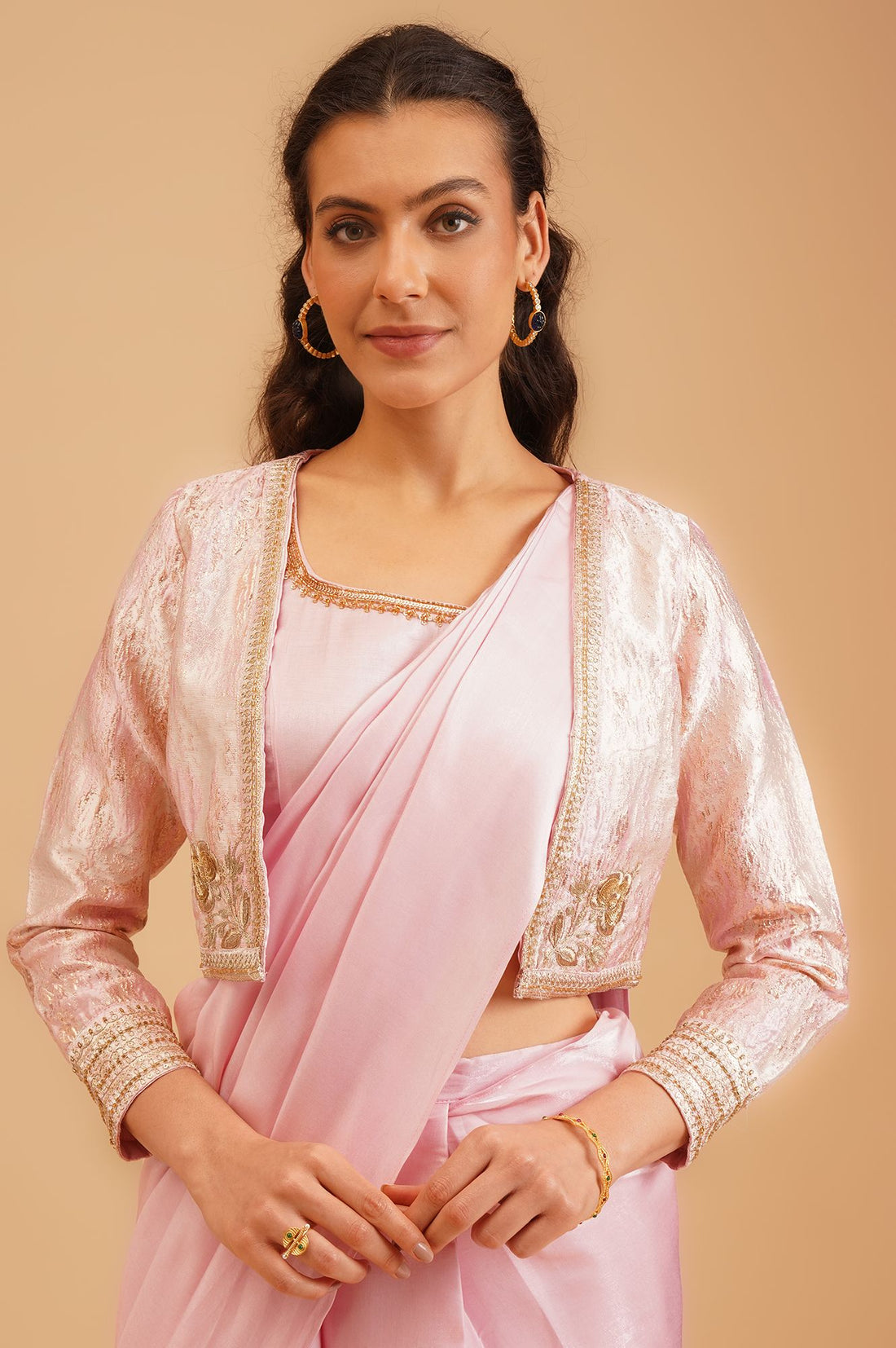 Pink Zari Embroidered Crepe Satin Straight Crop Top Saree with Jacket