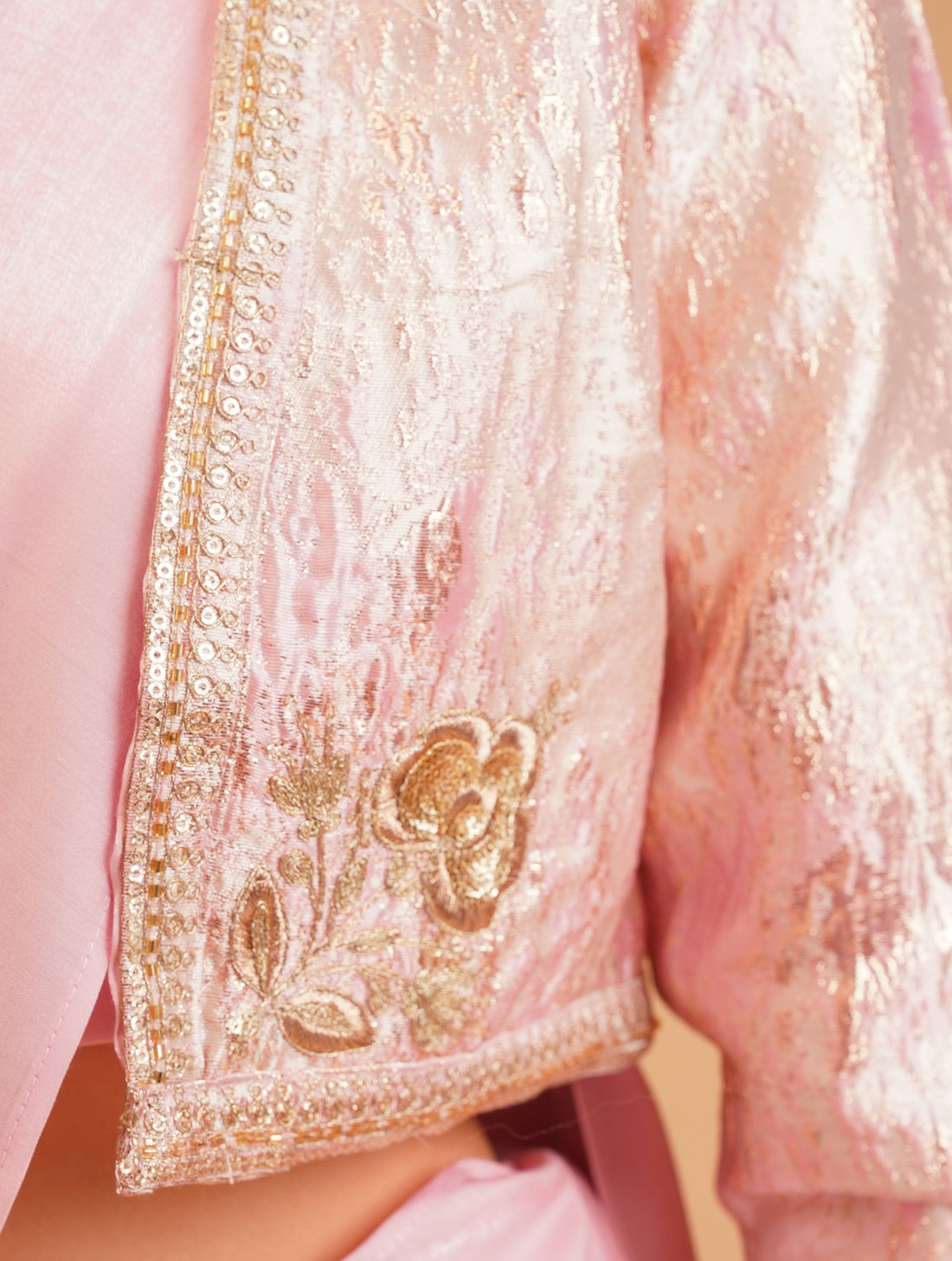 Pink Zari Embroidered Crepe Satin Straight Crop Top Saree with Jacket